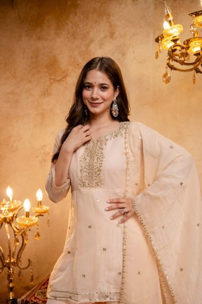 Intuitive Cream Crunchy Embroidered Kurti Palazzo Dupatta Set for Festival 3 Piece Kurti Set