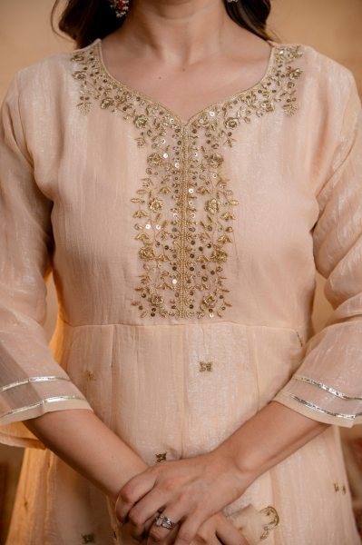 Intuitive Cream Crunchy Embroidered Kurti Palazzo Dupatta Set for Festival 3 Piece Kurti Set