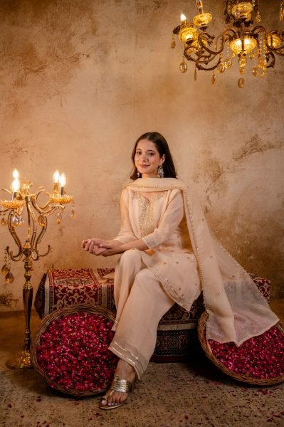 Intuitive Cream Crunchy Embroidered Kurti Palazzo Dupatta Set for Festival 3 Piece Kurti Set