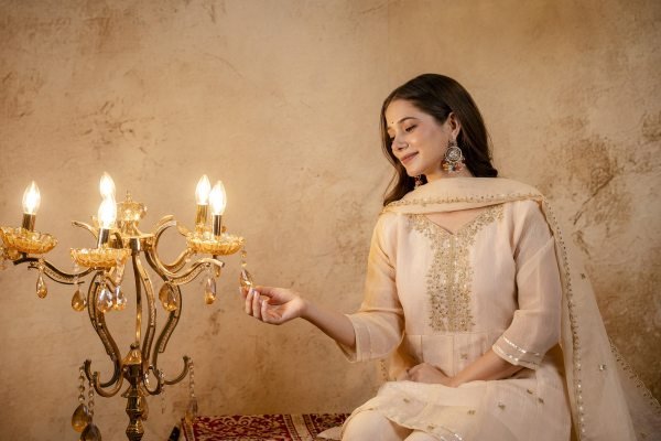 Intuitive Cream Crunchy Embroidered Kurti Palazzo Dupatta Set for Festival 3 Piece Kurti Set