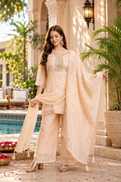 Intuitive Cream Crunchy Embroidered Kurti Palazzo Dupatta Set for Festival 3 Piece Kurti Set