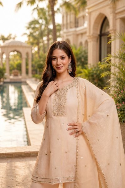 Intuitive Cream Crunchy Embroidered Kurti Palazzo Dupatta Set for Festival 3 Piece Kurti Set