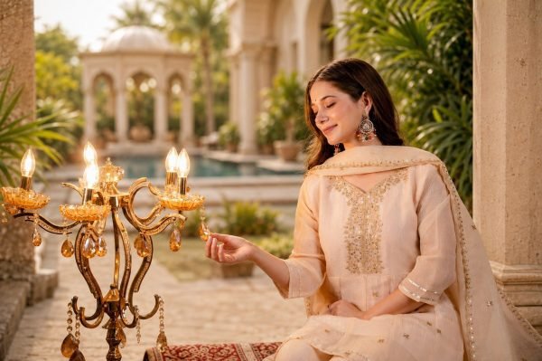 Intuitive Cream Crunchy Embroidered Kurti Palazzo Dupatta Set for Festival 3 Piece Kurti Set