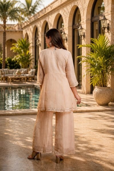 Intuitive Cream Crunchy Embroidered Kurti Palazzo Dupatta Set for Festival 3 Piece Kurti Set