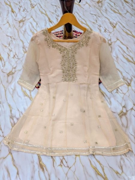 Intuitive Cream Crunchy Embroidered Kurti Palazzo Dupatta Set for Festival 3 Piece Kurti Set
