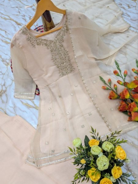 Intuitive Cream Crunchy Embroidered Kurti Palazzo Dupatta Set for Festival 3 Piece Kurti Set