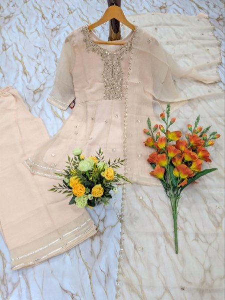 Intuitive Cream Crunchy Embroidered Kurti Palazzo Dupatta Set for Festival 3 Piece Kurti Set
