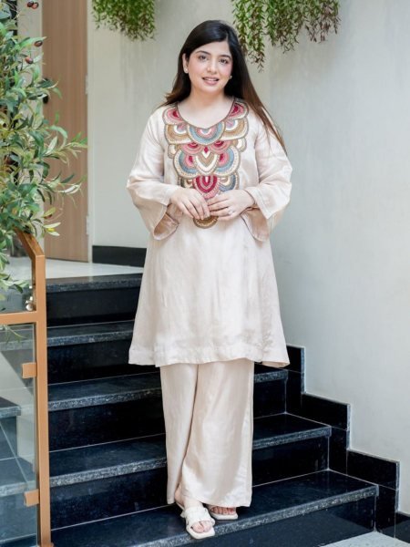 Intuitive Cream Fully Stitched Crepe Embroidered Kurti Pant Set for Party Wear  