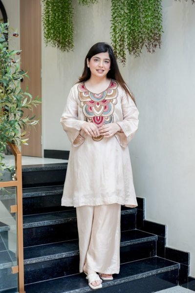 Intuitive Cream Fully Stitched Crepe Embroidered Kurti Pant Set for Party Wear  CO ORD Sets