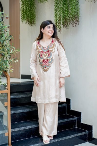 Intuitive Cream Fully Stitched Crepe Embroidered Kurti Pant Set for Party Wear  CO ORD Sets