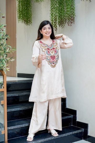 Intuitive Cream Fully Stitched Crepe Embroidered Kurti Pant Set for Party Wear  CO ORD Sets