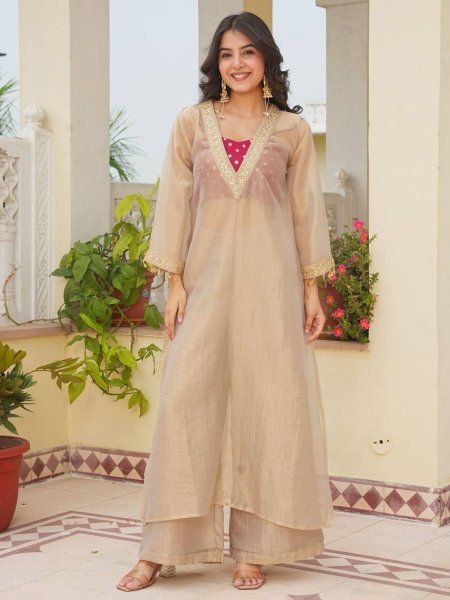 Intuitive Cream Golden Tissue Salsa Kurta Palazzo Set with Embroidered Blouse 
