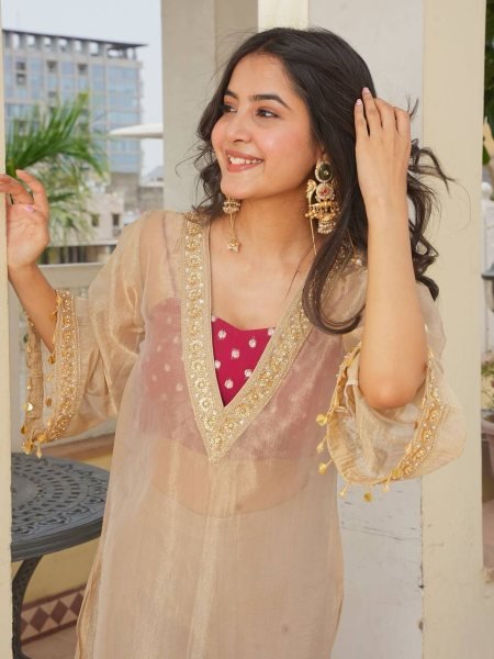 Intuitive Cream Golden Tissue Salsa Kurta Palazzo Set with Embroidered Blouse Ready To Wear Collection
