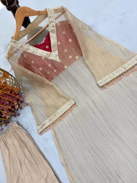 Intuitive Cream Golden Tissue Salsa Kurta Palazzo Set with Embroidered Blouse Ready To Wear Collection
