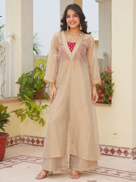 Intuitive Cream Golden Tissue Salsa Kurta Palazzo Set with Embroidered Blouse Ready To Wear Collection