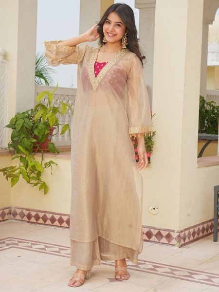 Intuitive Cream Golden Tissue Salsa Kurta Palazzo Set with Embroidered Blouse Ready To Wear Collection