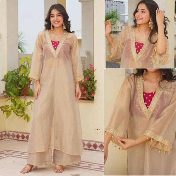 Intuitive Cream Golden Tissue Salsa Kurta Palazzo Set with Embroidered Blouse Ready To Wear Collection