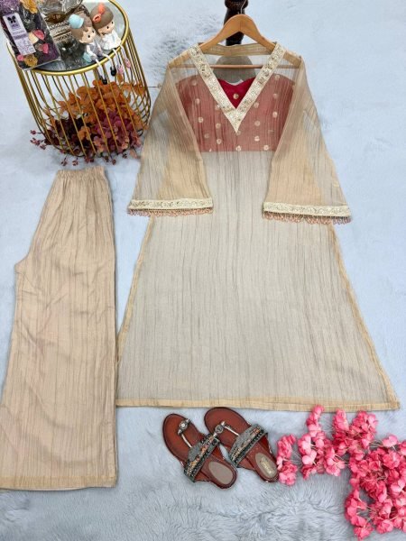 Intuitive Cream Golden Tissue Salsa Kurta Palazzo Set with Embroidered Blouse Ready To Wear Collection