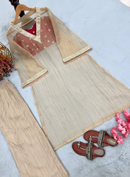Intuitive Cream Golden Tissue Salsa Kurta Palazzo Set with Embroidered Blouse Ready To Wear Collection