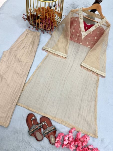 Intuitive Cream Golden Tissue Salsa Kurta Palazzo Set with Embroidered Blouse Ready To Wear Collection