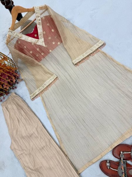 Intuitive Cream Golden Tissue Salsa Kurta Palazzo Set with Embroidered Blouse Ready To Wear Collection