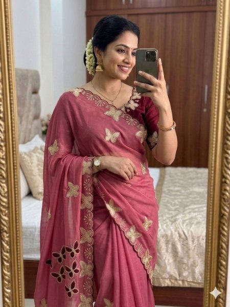 Intuitive Hot Pink Embroidered Chiffon Saree featuring Floral Motifs and Cut-Work Sarees 