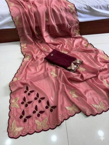 Intuitive Hot Pink Embroidered Chiffon Saree featuring Floral Motifs and Cut-Work Embroidery Sarees Wholesale