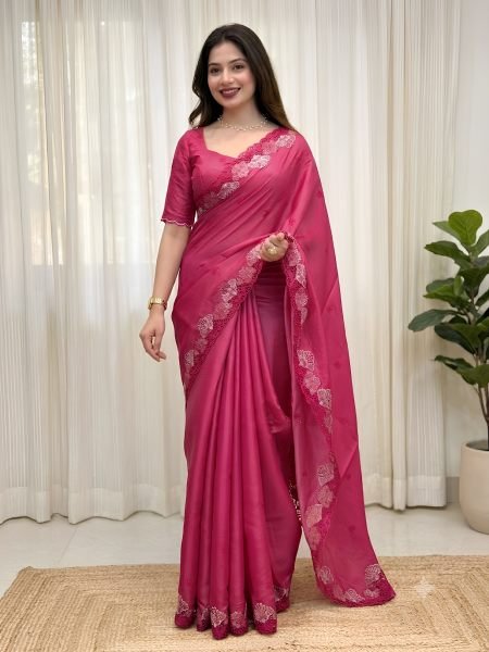 Intuitive Hot Pink Party Wear Korean Tusser Saree with Embroidered Blouse 