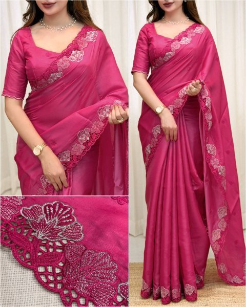 Intuitive Hot Pink Party Wear Korean Tusser Saree with Embroidered Blouse Designer Wedding Sarees Wholesale