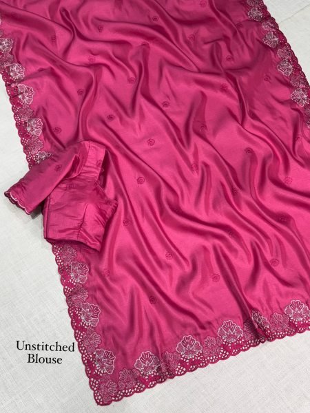 Intuitive Hot Pink Party Wear Korean Tusser Saree with Embroidered Blouse Designer Wedding Sarees Wholesale