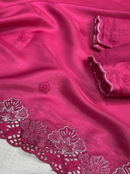 Intuitive Hot Pink Party Wear Korean Tusser Saree with Embroidered Blouse Designer Wedding Sarees Wholesale
