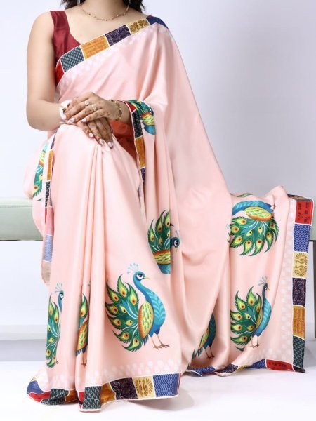 Intuitive Light Pink Digital Printed Silk Saree with Traditional Peacock Designs Sarees 