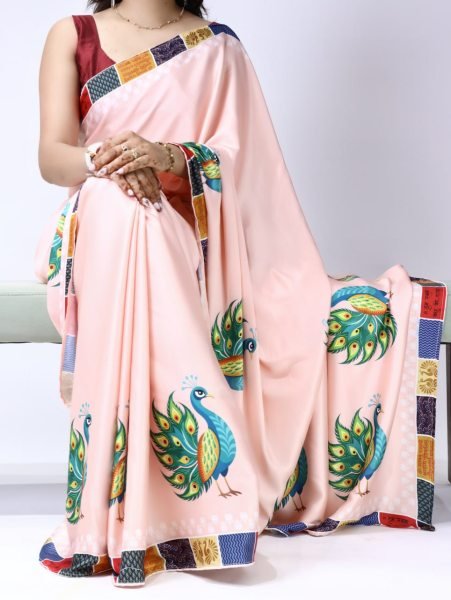 Intuitive Light Pink Digital Printed Silk Saree with Traditional Peacock Designs Printed Cotton Sarees Wholesale