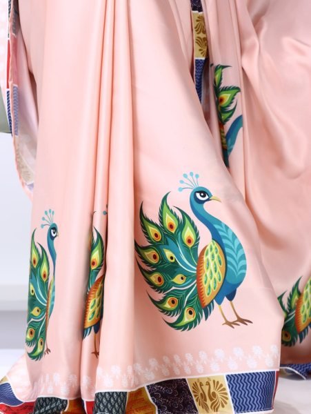 Intuitive Light Pink Digital Printed Silk Saree with Traditional Peacock Designs Printed Cotton Sarees Wholesale