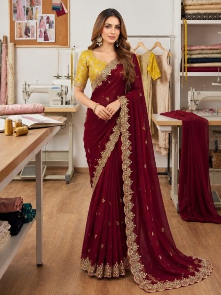 Intuitive Maroon Georgette Partywear Saree with Contrast Heavy Sequence Blouse 