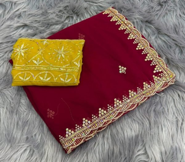 Intuitive Maroon Georgette Partywear Saree with Contrast Heavy Sequence Blouse Georgette Sarees Wholesale