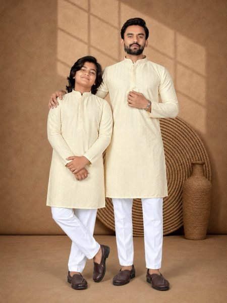 Intuitive Men Rayon Kurta Pajama with Chikankari Embroidery for Weddings Father Son Collection 