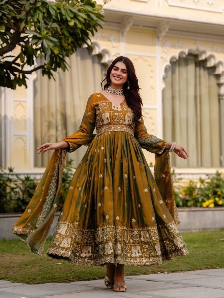 Intuitive Mustard Gold Premium Heavy Embroidery Gown in Fendy Satin Fabric for Women Kurtis