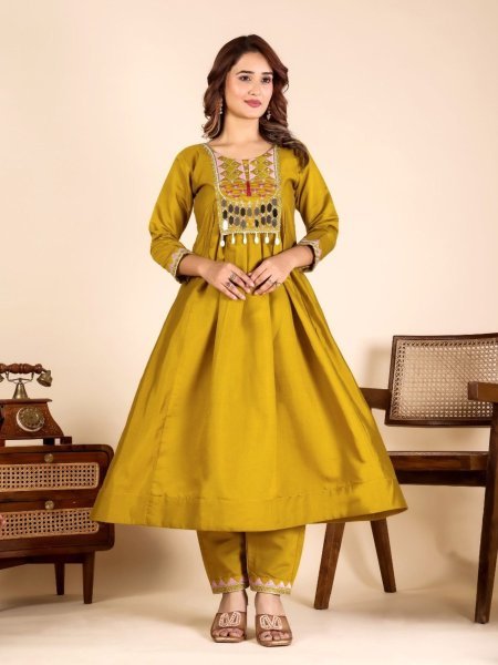 Intuitive Mustard Yellow Roman Silk Mirror Work Kurta Pant Set For Wedding  Kurtis