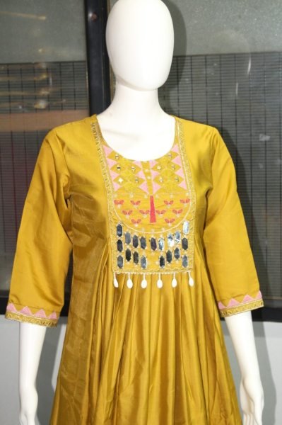 Intuitive Mustard Yellow Roman Silk Mirror Work Kurta Pant Set For Wedding  Anarkali Kurtis 