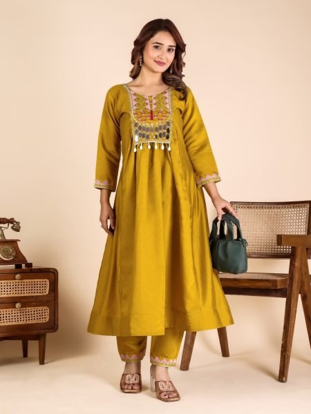 Intuitive Mustard Yellow Roman Silk Mirror Work Kurta Pant Set For Wedding  Anarkali Kurtis 