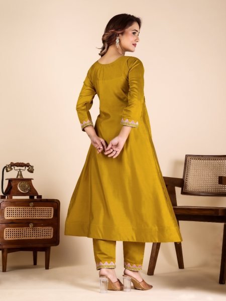 Intuitive Mustard Yellow Roman Silk Mirror Work Kurta Pant Set For Wedding  Anarkali Kurtis 
