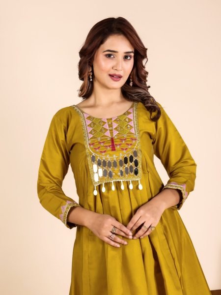 Intuitive Mustard Yellow Roman Silk Mirror Work Kurta Pant Set For Wedding  Anarkali Kurtis 