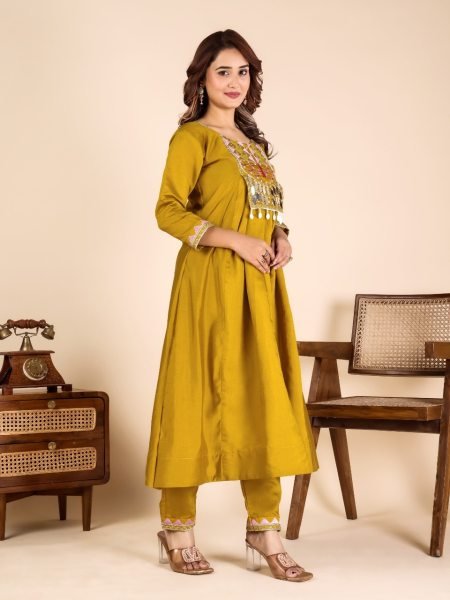 Intuitive Mustard Yellow Roman Silk Mirror Work Kurta Pant Set For Wedding  Anarkali Kurtis 