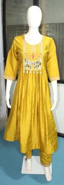 Intuitive Mustard Yellow Roman Silk Mirror Work Kurta Pant Set For Wedding  Anarkali Kurtis 