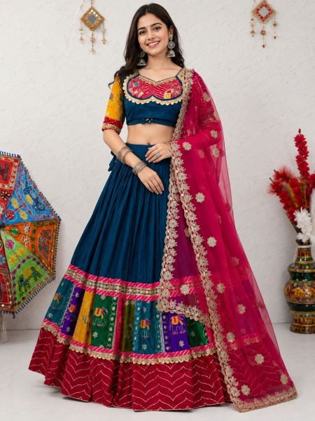 Intuitive Navy Blue Cotton Navratri Lehenga Choli with 6 Meter Flair and Fox Georgette Dupatta   Lehenga