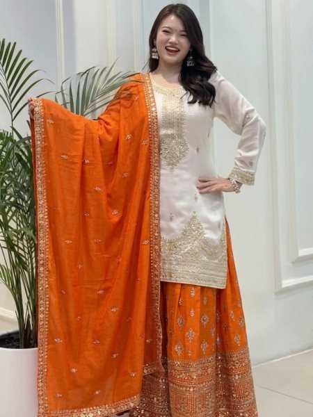 Intuitive Orange Party Wear Chinon Silk Suit for Festive and Wedding Fashion 