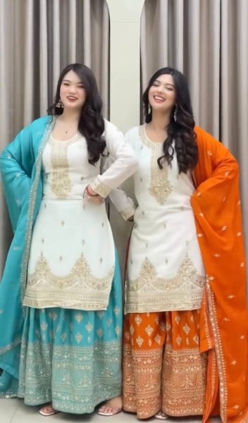 Intuitive Orange Party Wear Chinon Silk Suit for Festive and Wedding Fashion Ready To Wear Collection