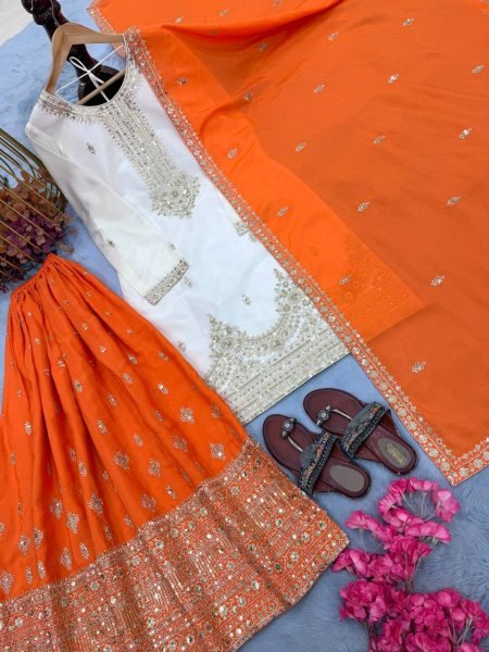 Intuitive Orange Party Wear Chinon Silk Suit for Festive and Wedding Fashion Ready To Wear Collection