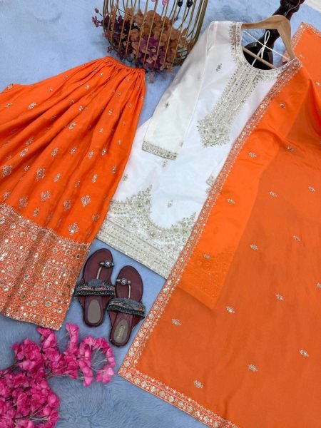 Intuitive Orange Party Wear Chinon Silk Suit for Festive and Wedding Fashion Ready To Wear Collection